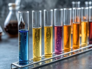 Colorful liquid samples in tubes arranged in a rack on a laboratory counter showcasing different substances with bubbles and vibrant hues