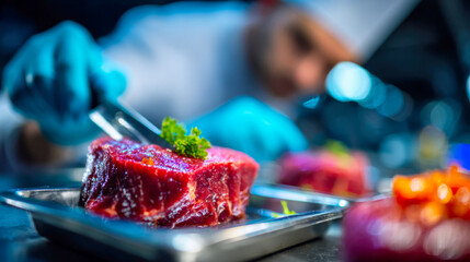 Close-up of a chef carefully inspecting fresh raw beef under bright kitchen lights while wearing blue gloves