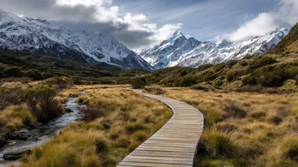 Papier peint photo  Snow-capped peaks rise against a partly cloudy sky with a wooden boardwalk winding through tall grasses and shrubs besid  © kelin