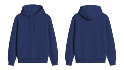 Dark Blue Hoodie Mockup Front and Back View on Transparent Background