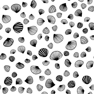 Hand-drawn doodles of shell variations on a white background, seashell seamless pattern in black and white