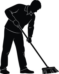 Silhouette of a Man Vigorously Sweeping the Floor with a Push Broom, Representing Cleaning, Housekeeping, Manual Labor, and Maintenance Services