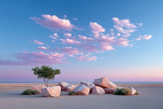 Tree and Rocks at Sunset with Clouds - Powered by Adobe