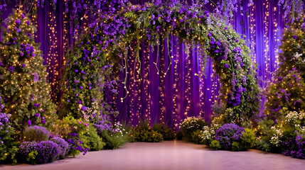 A purple and white Christmas tree archway with lights and flowers