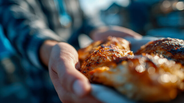 Man offering freshly baked pastries outdoors, holding a box of golden croissants in warm sunlight