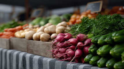 A farmers market stall with an array of fresh vegetables.