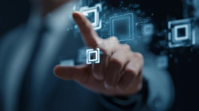Medium shot of a professional examining a digital blockchain interface symbolizing permissionbased trust verification in a corporate environment.
