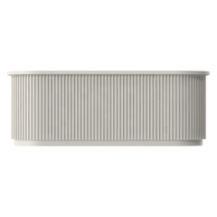 Modern white reception desk with vertical ribbed paneling and curved design