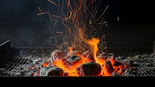 Stunning close up of glowing hot charcoal embers igniting with vibrant sparks flying high into the dark night - Powered by Adobe