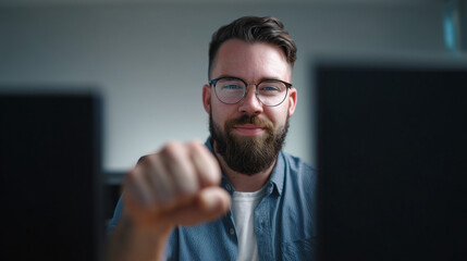 Confident Man Giving Fist Bump at Desk