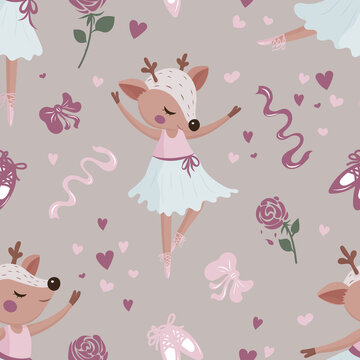 Ballet dancing fawn, a girly deer dancer pattern, cute beige pastel ballerina pattern