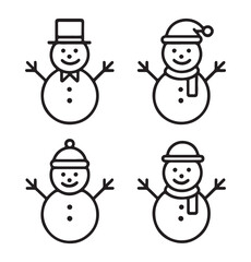 Outline Snowman Icon Set: Four Black and White Christmas Winter Characters with Hats and Scarves Vector.