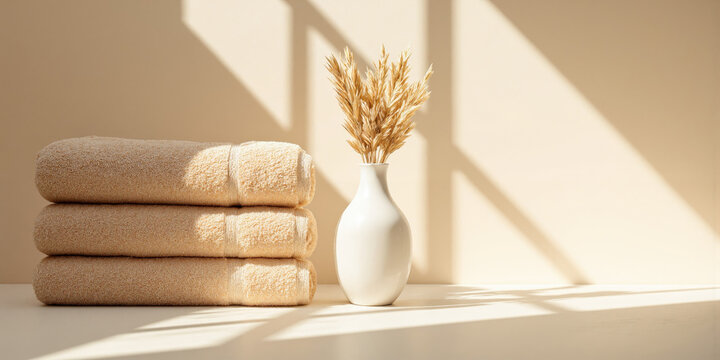 Spa Setting Towels Vase Dried Flowers Sunlight Shadow Minimalist Relaxation Wellness Background Beige Neutral Calm Still Life Simple Minimalist still