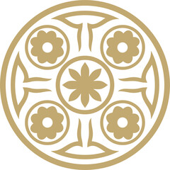 Kazakh national round gold frame ornament. Ethnic pattern. The circle ring reflects nomadic culture. Suitable for design and textiles.