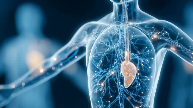High resolution 3D render of the lymphatic system in a human torso, focusing on the thymus gland and lymph nodes. Modern medical concept highlights immune function and anatomical connectivity