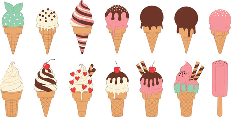 Set of assorted ice cream cones and popsicle illustrations with various toppings flavors and cute decorative elements in colorful vector design