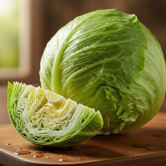 Obraz premium Fresh iceberg lettuce head and slice on a wooden surface close up