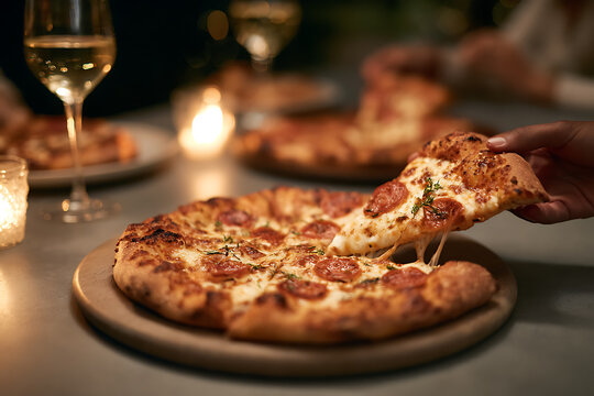 pizza party, friends happily sharing pizza at modern dinner table captured in lifestyle - Powered by Adobe