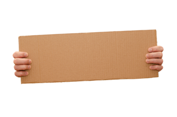 Posters of cardboard in his hands. Isolated on white. Copy space