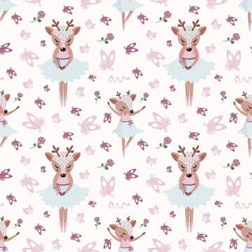 A cute pastel ballerina pattern, a ballet dancing fawn, a girly deer dancer pattern