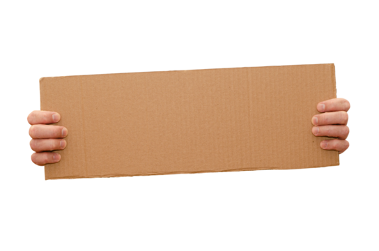 Posters of cardboard in his hands. Isolated on white. Copy space