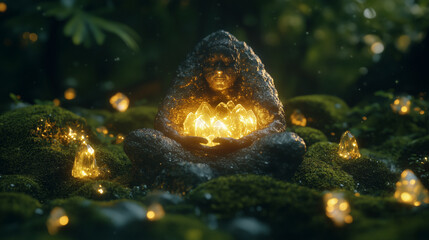 Photorealistic shaman meditating in a forest clearing, surrounded by moss, glowing crystals and candlelight, palette of sage green, amber, and earthy brown, realistic mystical nature scene, AI 
