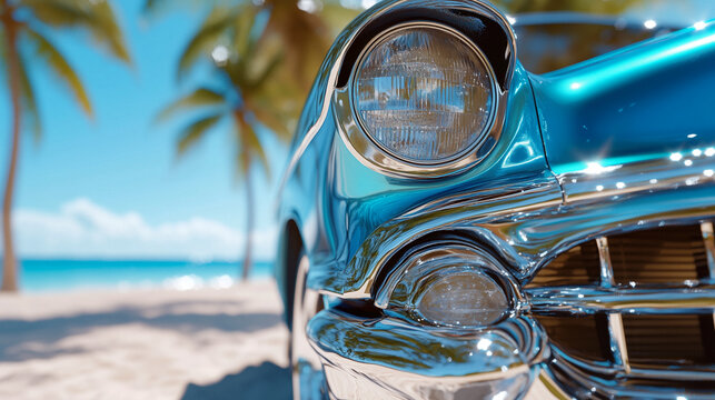 Photorealistic vintage car parked on a tropical beach, detailed sand textures and palm trees under bright sunlight, palette of turquoise blue, golden sand, and classic chrome, travel scene, AI