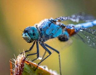 Close-up view of a vibrant blue dragonfly covered in water droplets