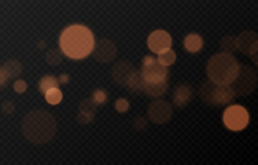 Holiday background with golden bokeh. Glowing bokeh PNG. Flying golden bokeh on a transparent background.