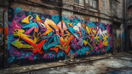 Fototapeta premium Vibrant graffiti adorns a crumbling urban alleyway