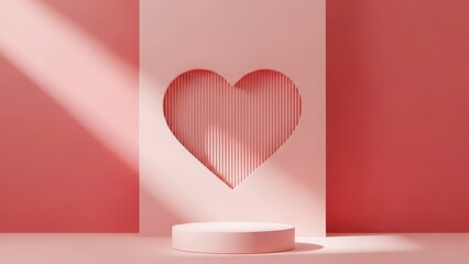 Pink heart cutout display with podium, minimalist soft shadows