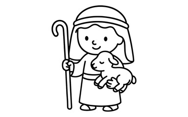 Fototapeta premium Child shepherd carrying a lamb in simple line art style