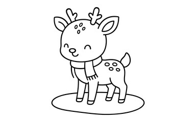 Cute christmas reindeer with scarf in black and white outline for kids' coloring pages