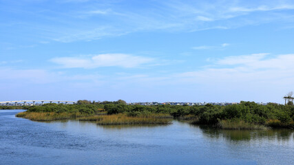 Scenic view of a tranquil waterway with lush greenery under a bright blue sky