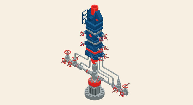 Isometric illustration of a complex industrial oil and gas wellhead assembly.