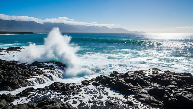 Ocean waves crashing against black volcanic rocks on a sunny day in iceland coast