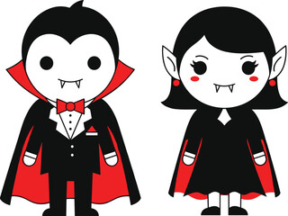 Cute Chibi Vampire Couple Characters, Dracula and Female Vampire, Halloween Mascot, Cloak, Fangs, Spooky Cartoon Vector Illustration.