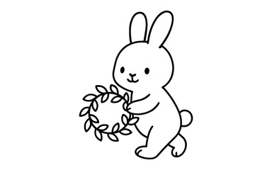 Obraz premium Cute bunny holding floral wreath in simple outline art