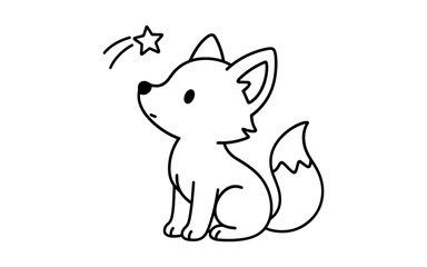 Obraz premium Cute fox cub sitting under a shooting star in adorable line art