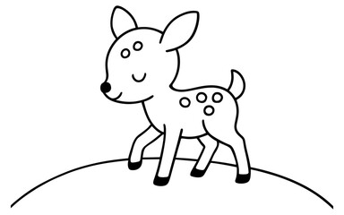 Obraz premium Cute cartoon fawn standing on a hill in black and white line art