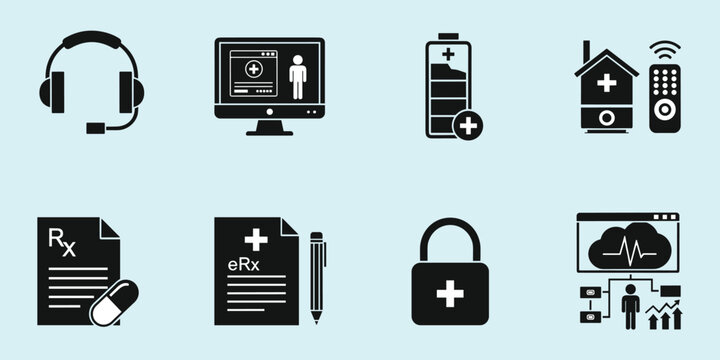 WebDigital health icons, telemedicine tools, online prescription, cloud analytics, remote monitoring, data security, healthcare tech, flat vector illustration