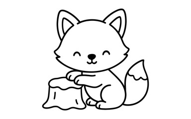 Obraz premium Cute fox with tree stump in adorable cartoon style outline drawing