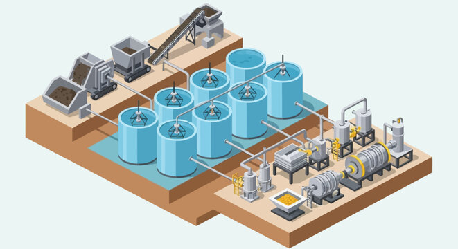 Isometric illustration of an industrial processing plant with tanks and machinery.