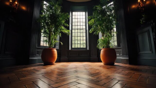 Interior View of a Room with Herringbone Wood Floor and Two Large Potted Green Plants Flanking a Central Window with Natural Light in a Luxurious Dark Gray Interior