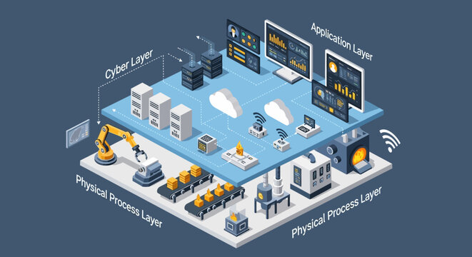 Isometric Illustration of Industry 4.0 Cyber Physical System Architecture.