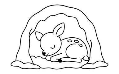 Obraz premium Cute sleeping fawn in a cozy cave outline drawing for kids coloring