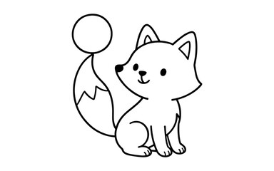 Cute black and white outline of cartoon fox with balloon on tail for coloring book