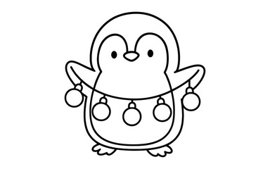 Naklejka premium Cute penguin holding christmas lights in black and white outline drawing