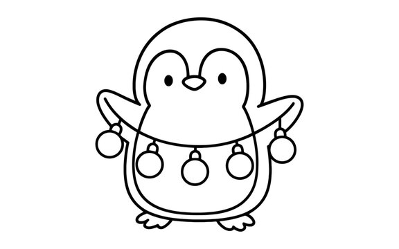 Fototapeta Cute penguin holding christmas lights in black and white outline drawing