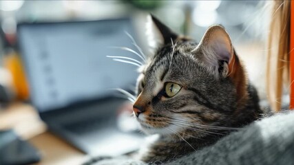 This image features a relaxed tabby cat resting on someone's lap, set against a soft focus home office background. The scene highlights the warmth and companionship of pets during remote work